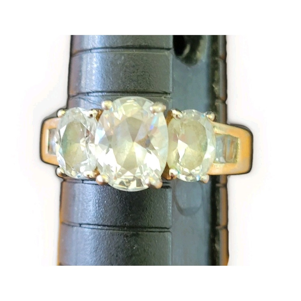 Vintage Gold Tone Clear Oval Stone 3 Stone Ring Size 8